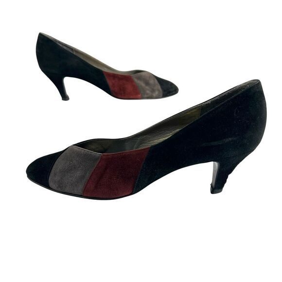 Yves Saint Laurent Size 6 Vintage Black Gray & Red Suede Pumps Heels - Picture 6 of 11